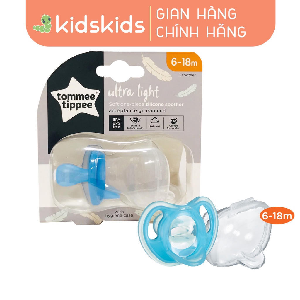 Ty ngậm silicon siêu nhẹ cho bé Tommee Tippee Ultra Light 6-18 tháng (vỉ đơn) - Xanh dương