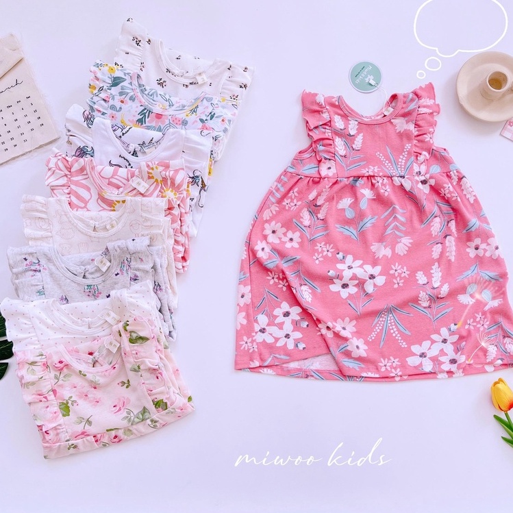 Váy Thun Cotton Tay Cánh Tiên Họa Tiết Dễ Thương Cho Bé Gái [8-22Kg]