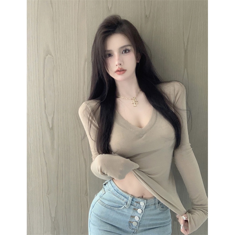 Áo Thun Nữ Dài Tay Cổ Chữ v Dáng Ôm Phong Cách Mới