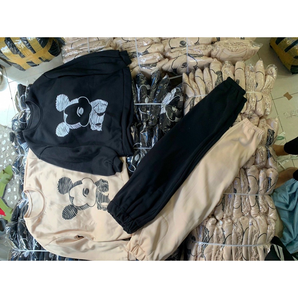 [11.11 Sale Freeship] Set áo hoodie in hình chuột mickey,bộ nỉ tay dài cổ tròn phối quần dài ống túm có túi năng động