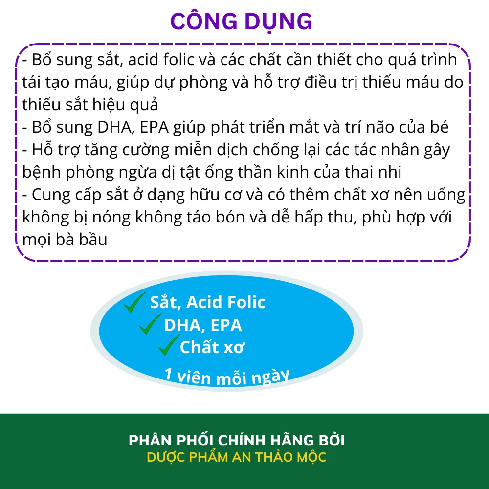 Viên uống bổ bà bầu Mediusa Prenatal IQ bổ sung sắt acid folic chất xơ vitamin khoáng chất tăng cường đề kháng hộp 30v