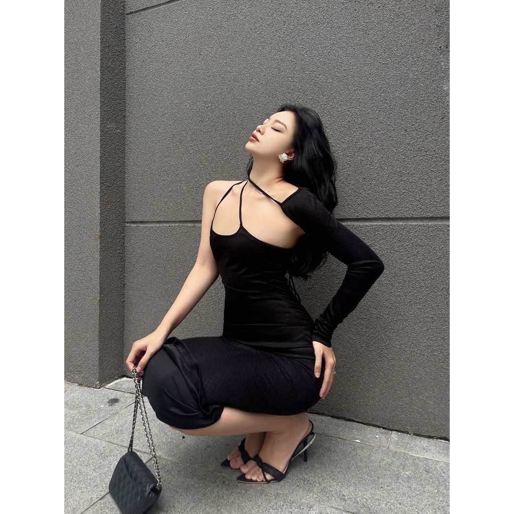 Váy Body Lưới Cổ Chéo 1 Tay LSEOUL V1411 Chất Dày Dặn Tôn Dáng Sang Trọng Quyến Rũ