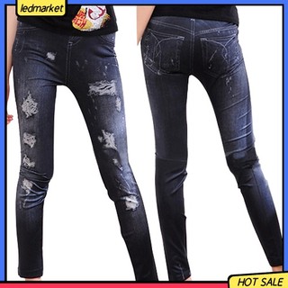 (Ledmarket) Quần skinny jean nữ dạng rách co dãn thời trang