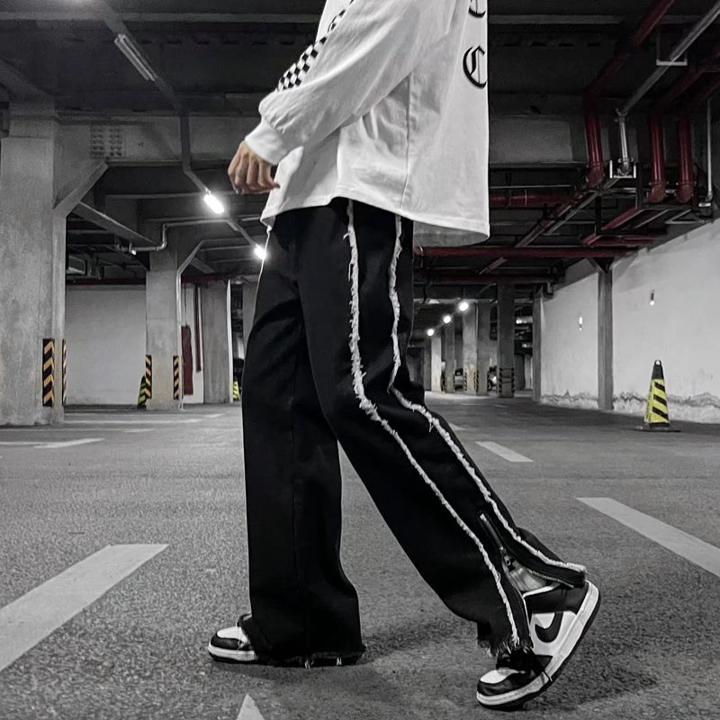 Quần jean dài dáng suông rộng phối xẻ tà có kháo kéo kẻ sọc phong cách trẻ trung cá tính cho nam