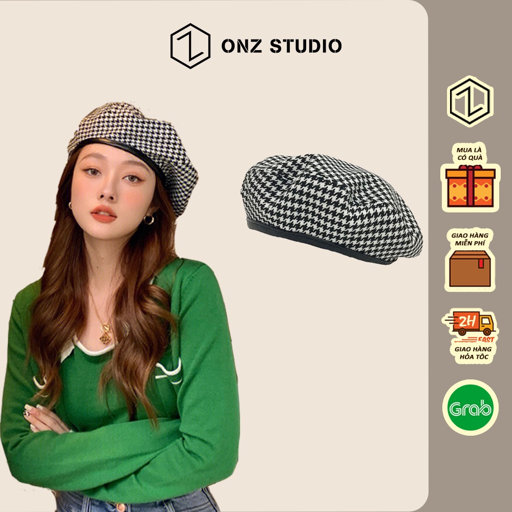 Mũ nồi beret nữ ONZ kẻ caro vải polyester - nón beret Hàn Quốc nữ tính hot trend BR02 - Onz Studio
