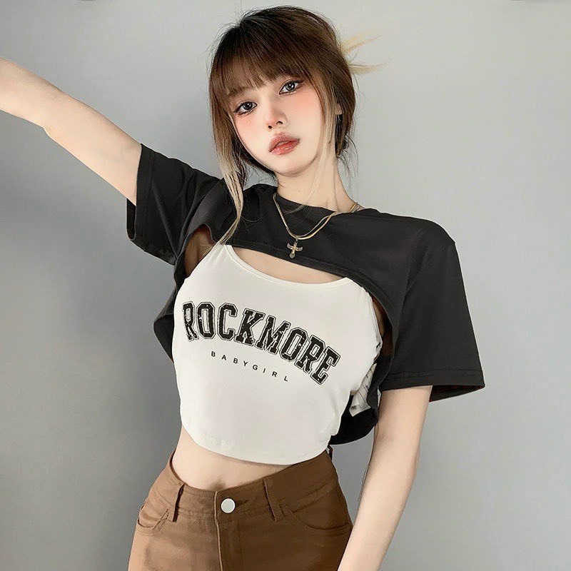 Set Áo 2 Dây Kèm Áo Tay Ngắn Hoạ Tiết In Chữ ROCKMORE Cá Tính