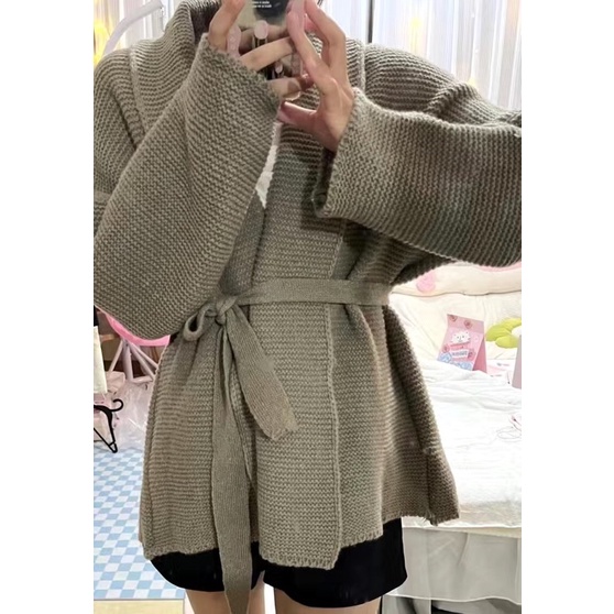 Áo khoác len suông rộng kèm đai Hàn Quốc