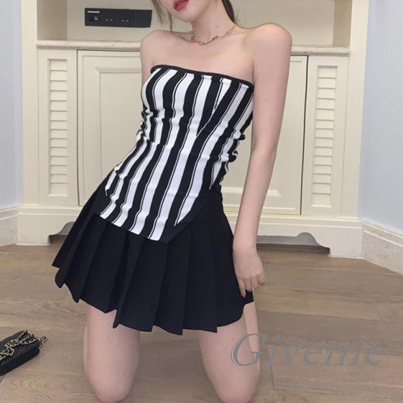 Áo Ống Dệt Kim Trễ Vai Kẻ Sọc Thời Trang Cho Nữ