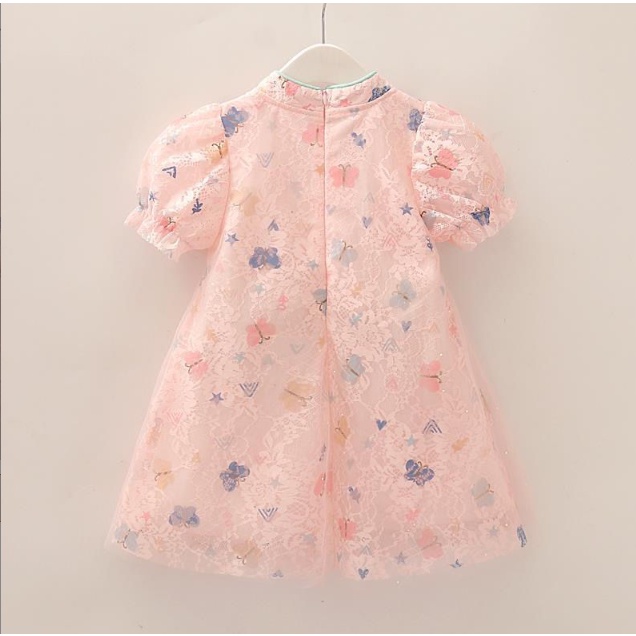 Đầm Sườn Xám Tay Ngắn Phối Ren Lưới Thời Trang Mùa Hè Xinh Xắn Cho Bé Gái