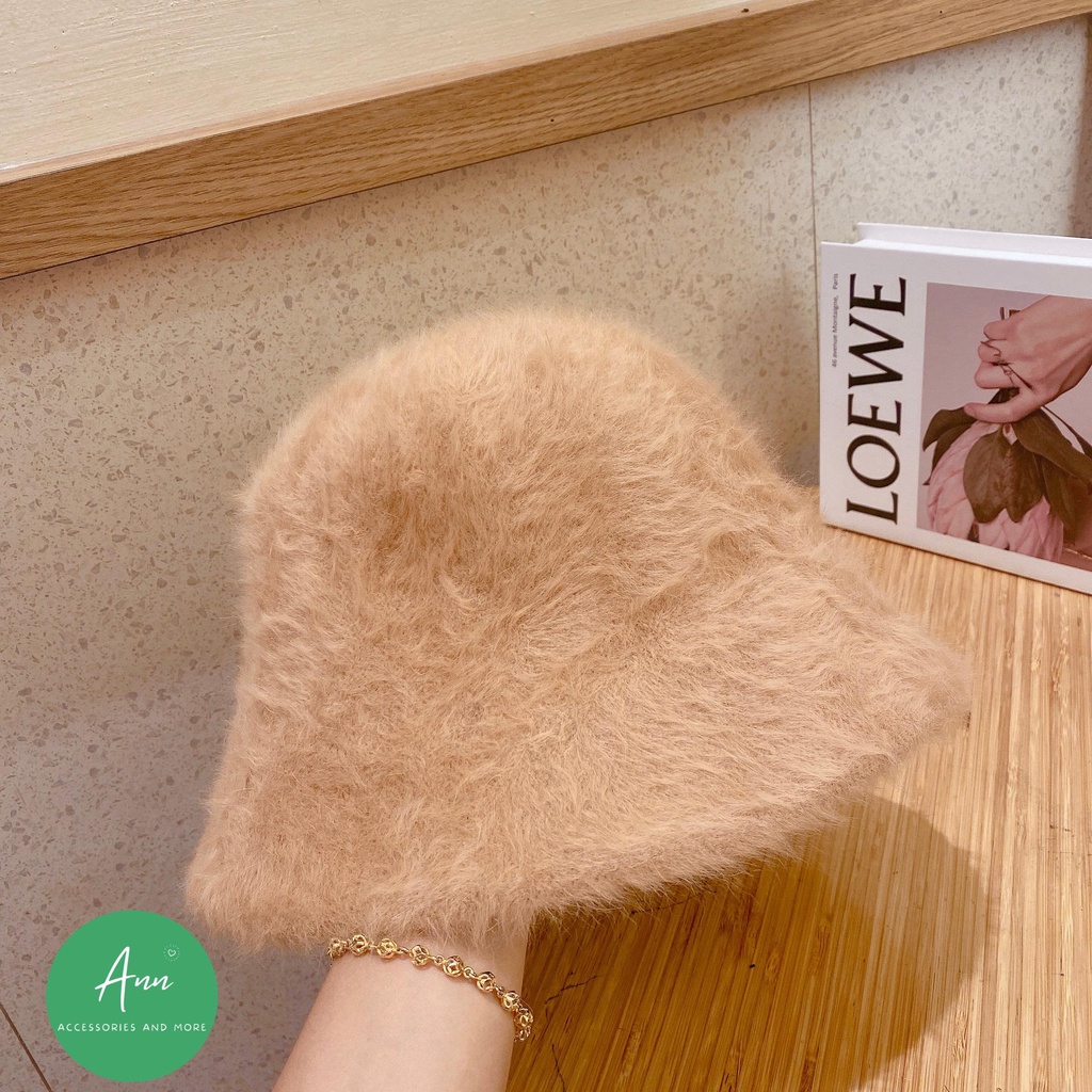 Mũ bucket vành cụp, mũ lông thỏ thiết kế phong cách Hàn Quốc, phom mũ chuẩn đẹp, sẵn 4 màu đen-trắng-kem-nâu nhạt