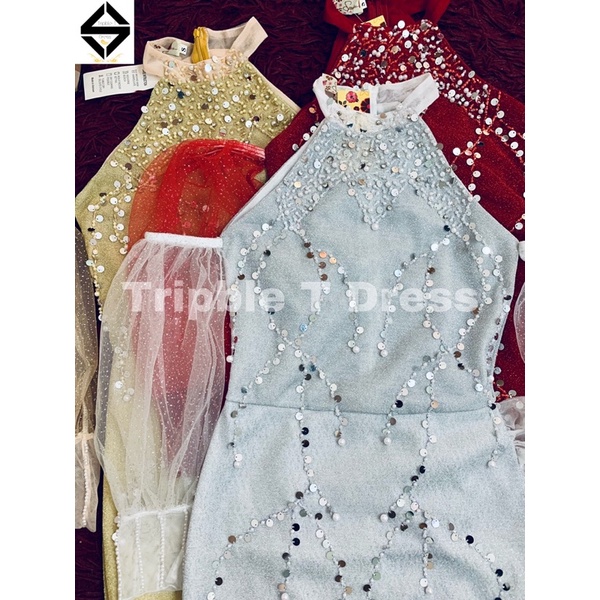 Đầm body dự tiệc tay phồng rớt vai kết đá TRIPBLE T DRESS - size M/L - MS94Y