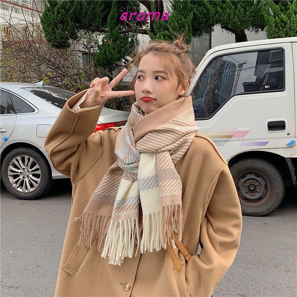 Khăn Choàng Lông Dày Chống Gió Họa Tiết Kẻ Sọc Thời Trang Thu Đông Cho Nữ