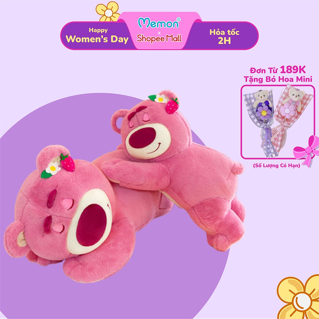 Gấu Bông Lotso Huggin Bear Lông Xù Tai Dâu Nằm Cao Cấp Memon