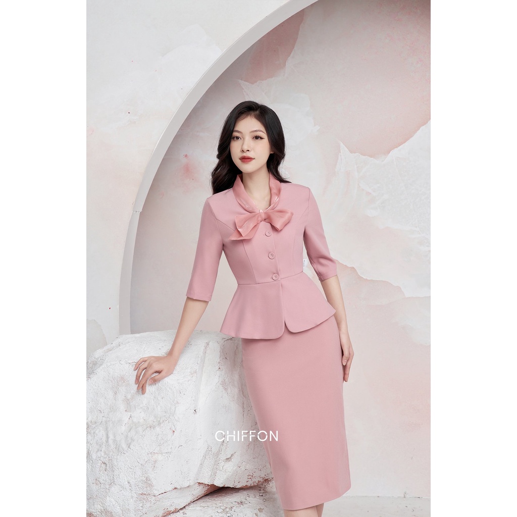 Set ký giả peplum cổ phối nơ thiết kế Chiffon