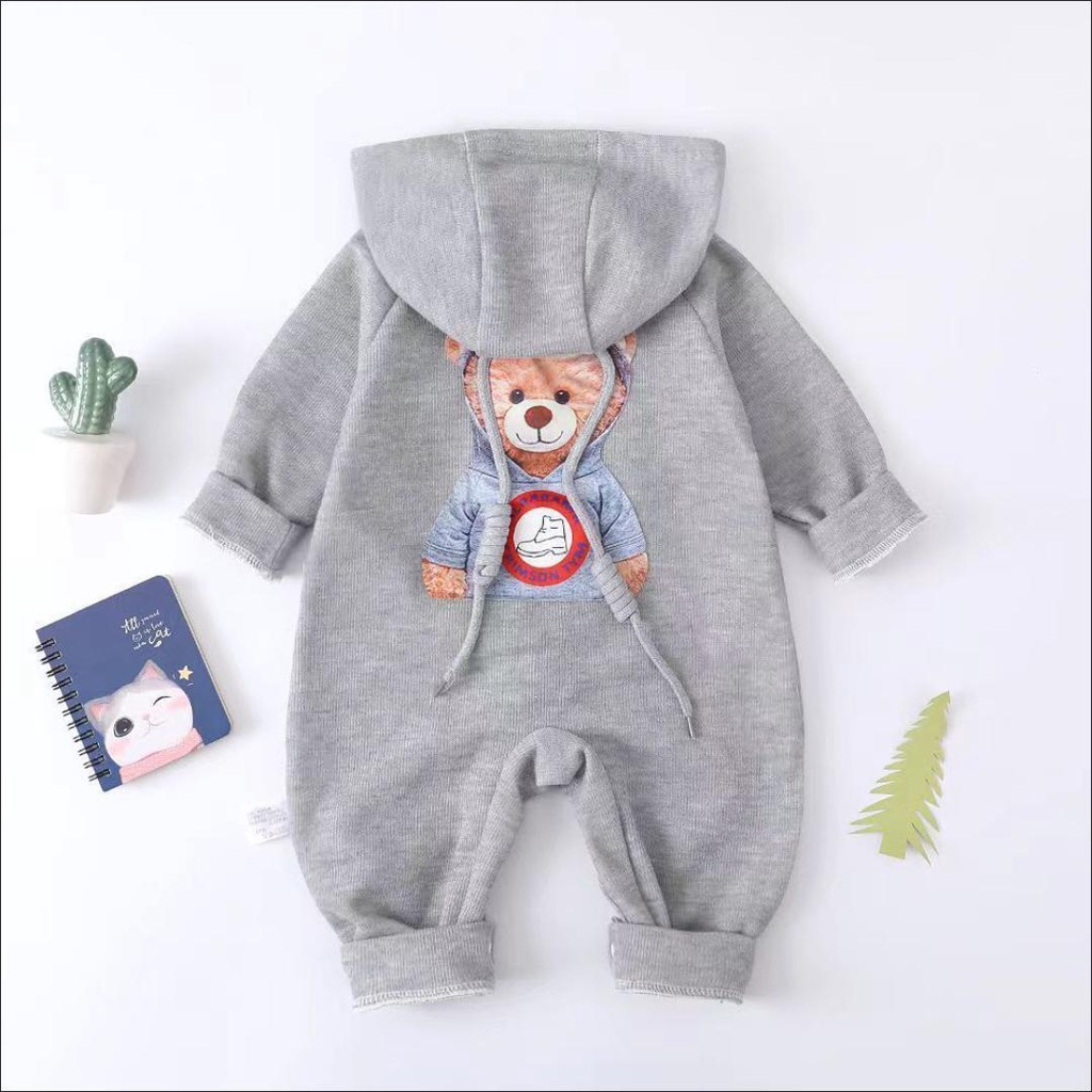 Áo Liền Quần Có Nón Tay Dài In Hình Gấu Hoạt Hình Phong Cách Hàn Quốc Chất Lượng Cao Thời Trang Xuân Thu Cho Bé Trai Và Bé Gái 0-24 Tháng Tuổi