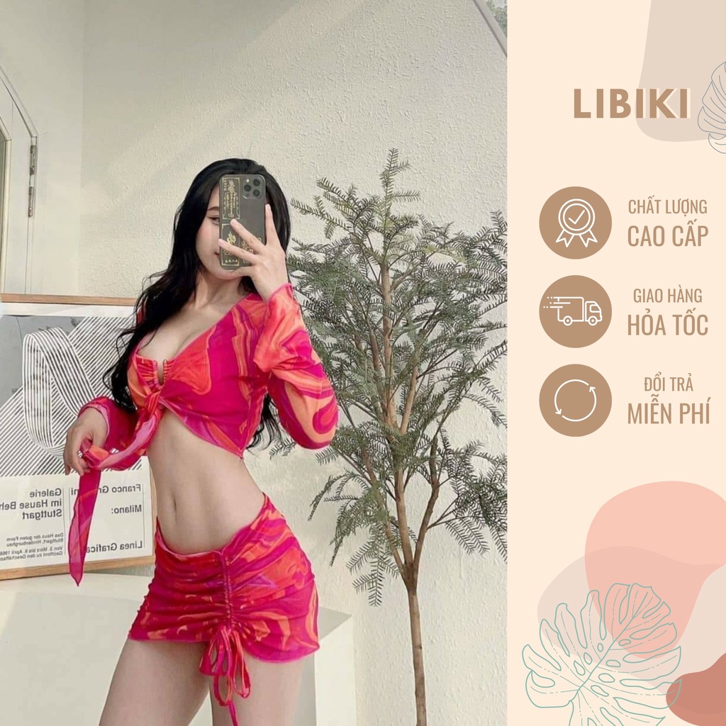 Set bikini loang hồng cam 4 chi tiết có áo quây, áo dài tay buộc dây, quần chip, chân váy díp - Libiki