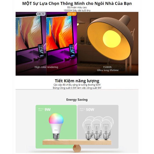 Bóng đèn Led thông minh imou CL1-B5-E27 16 triệu màu, bật tắt chỉnh màu qua app, tùy chọn bối cảnh, bảo vệ mắt