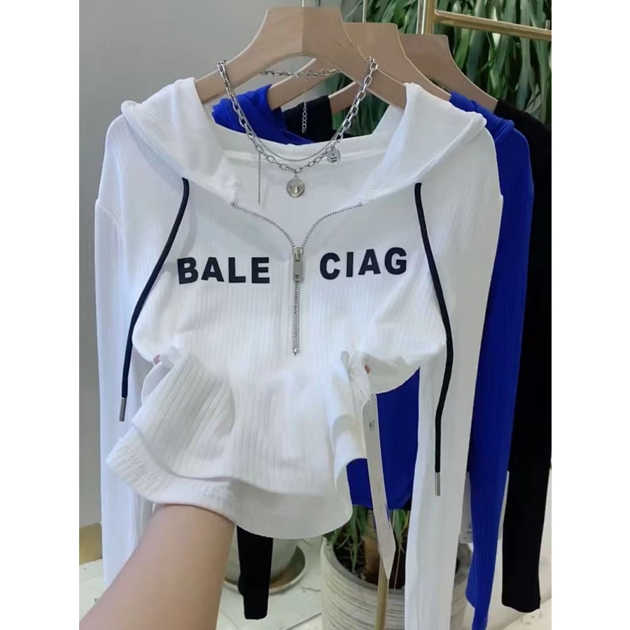 Áo Thun Nữ Dài Tay Có Mũ Trùm Đầu In Chữ Mới