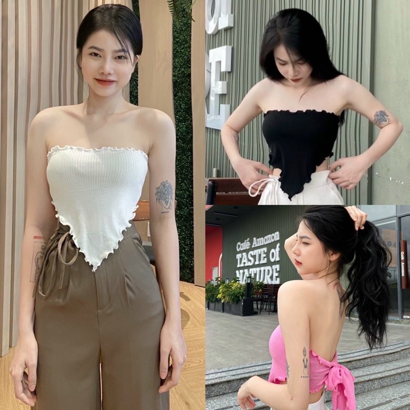 Áo Ống Tà Nhọn Cuốn Biên Kèm Dây Buộc Sau Thun Gân Co Giãn