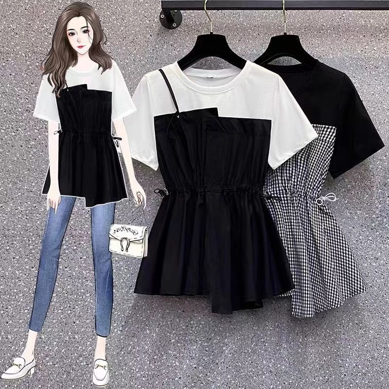 Đen Áo Thun Ngắn Tay Dáng Rộng Cỡ Lớn Che Bụng Thời Trang Mùa Hè Cho Nữ