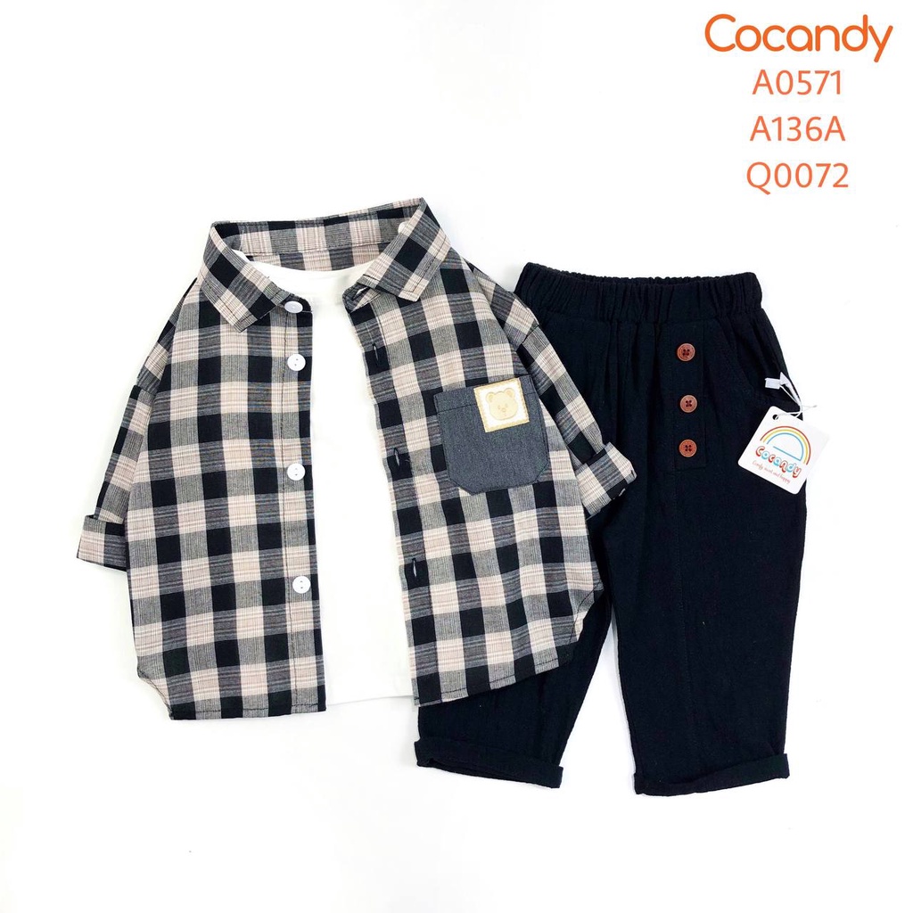 Set đồ cho bé -Áo dài ĐEN caro túi ngực hình gấu, áo thun trắng, Quần đũi ĐEN cúc lệch của COCANDY mã  A0571,A136A,Q0072