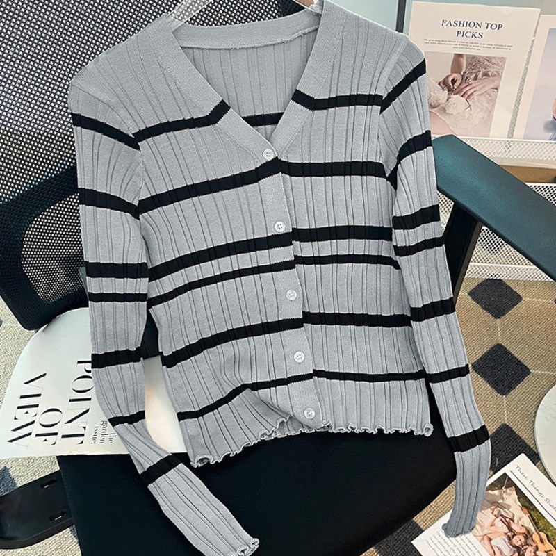 Áo cardigan Dệt Kim Cổ Chữ V Dáng Ôm Hoạ Tiết Kẻ Sọc Thời Trang Mùa Thu Dành Cho Nữ