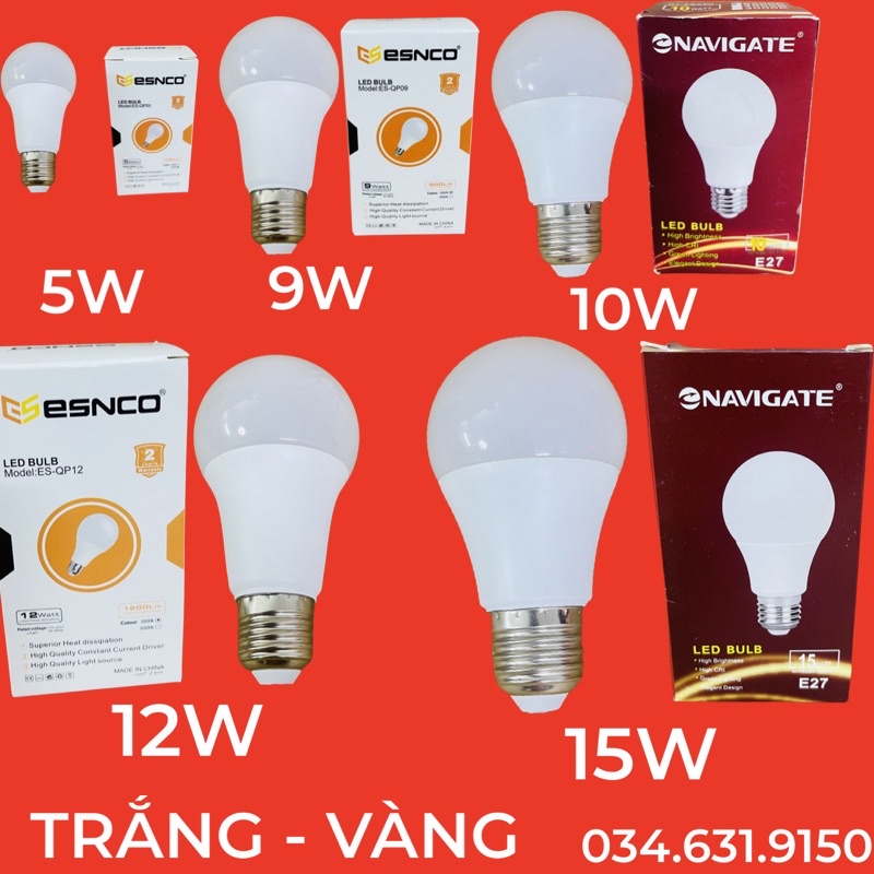BÓNG BÚP CÔNG SUẤT 5W - 7W - 9W - 10W - 12W - 15W ÁNH SÁNG TRẮNG - ÁNH SÁNG VÀNG