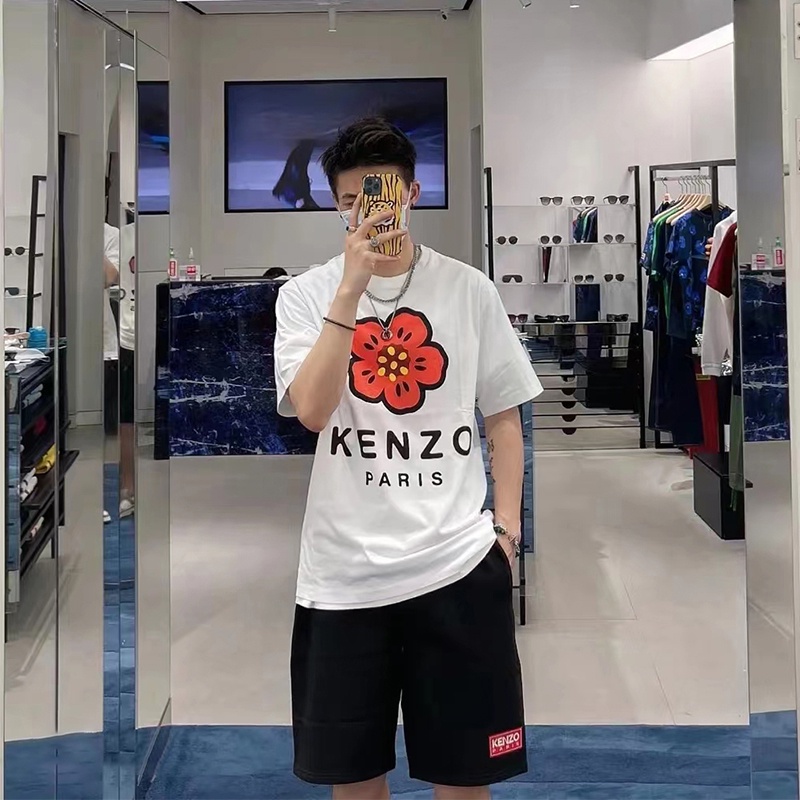 Kenzo (Nhãn Dán Cổ Tròn) Áo Thun Dáng Rộng In Hình Hoa Phong Cách Begonia Dành Cho Cặp Đôi Nam Nữ