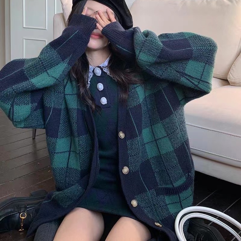 Áo khoác cardigan SUXI dệt kim dáng rộng họa tiết caro thời trang mùa thu cho nữ