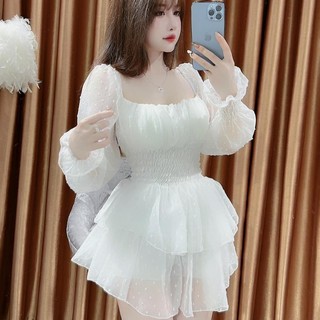 Váy tơ chấm bi xòe tầng