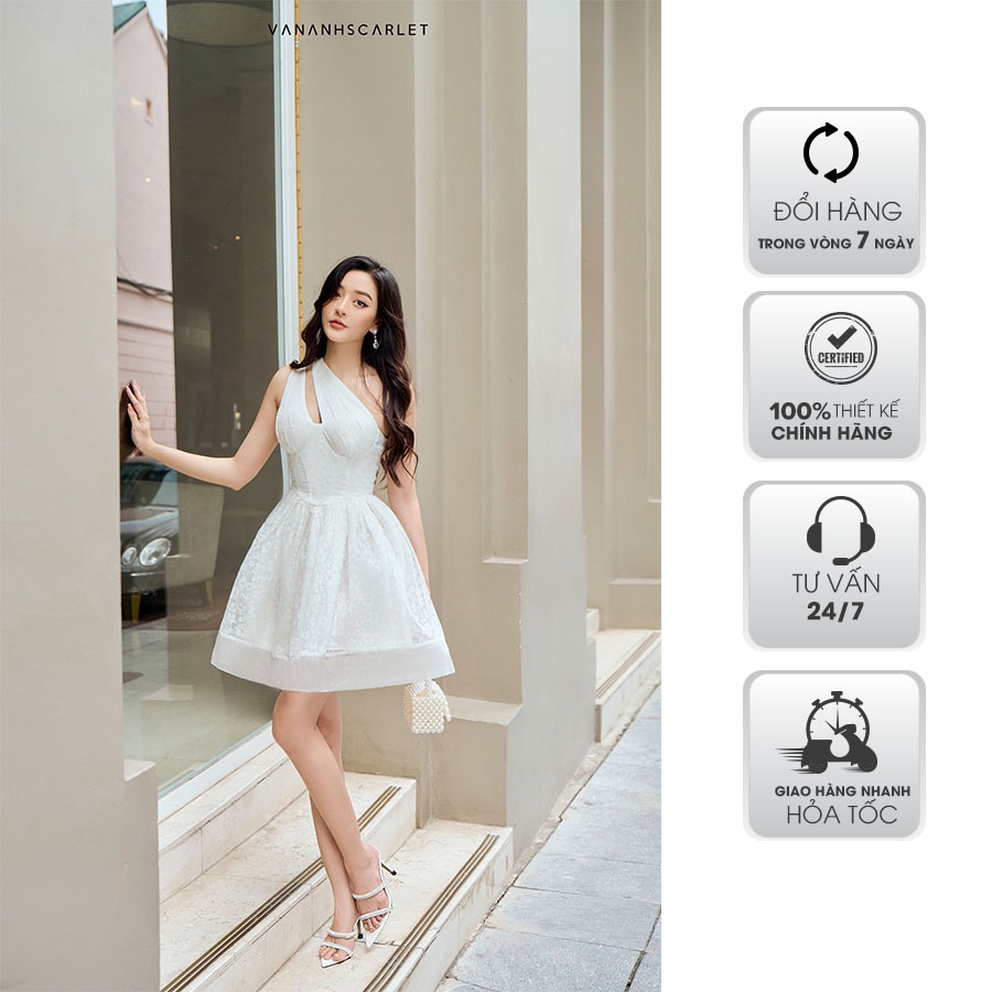 Đầm nữ VANANHSCARLER chéo vai chân tơ V064S22