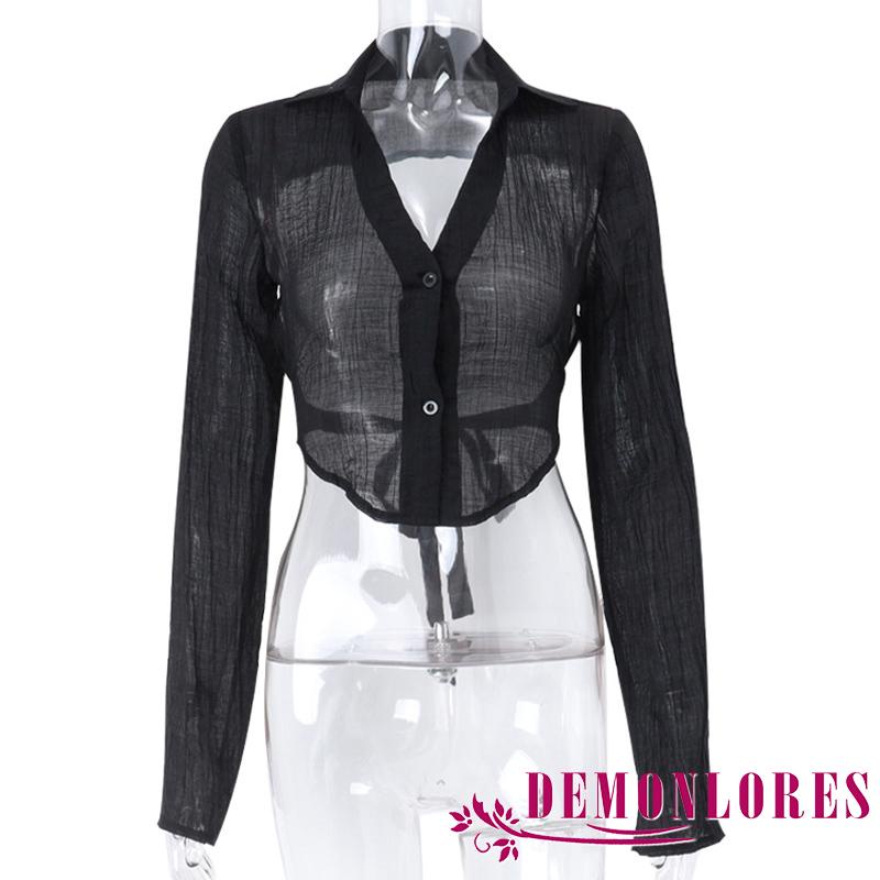 Áo Sơ Mi Crop Top Tay Dài Dáng Ôm Hở Lưng Cài Nút Màu Trơn Thời Trang Cho Bạn Gái