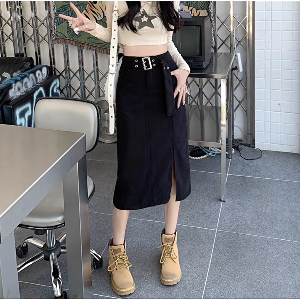 Chân váy dài chất nhung tăm kèm đai đủ size SML