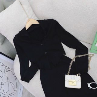 Set croptop đen cổ vest chân váy midi