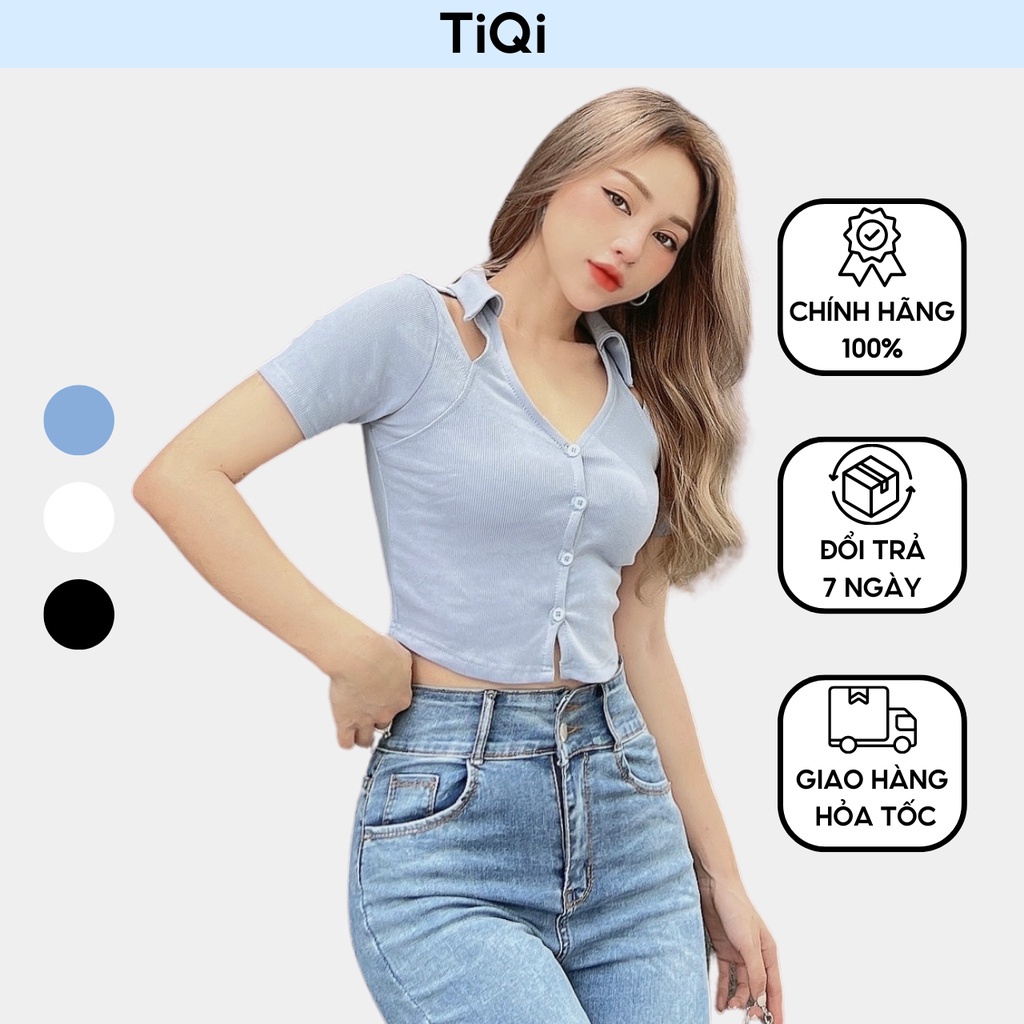 Áo croptop nữ ôm tay ngắn cổ bẻ khoét vai nhiều màu TiQi Jeans A-178