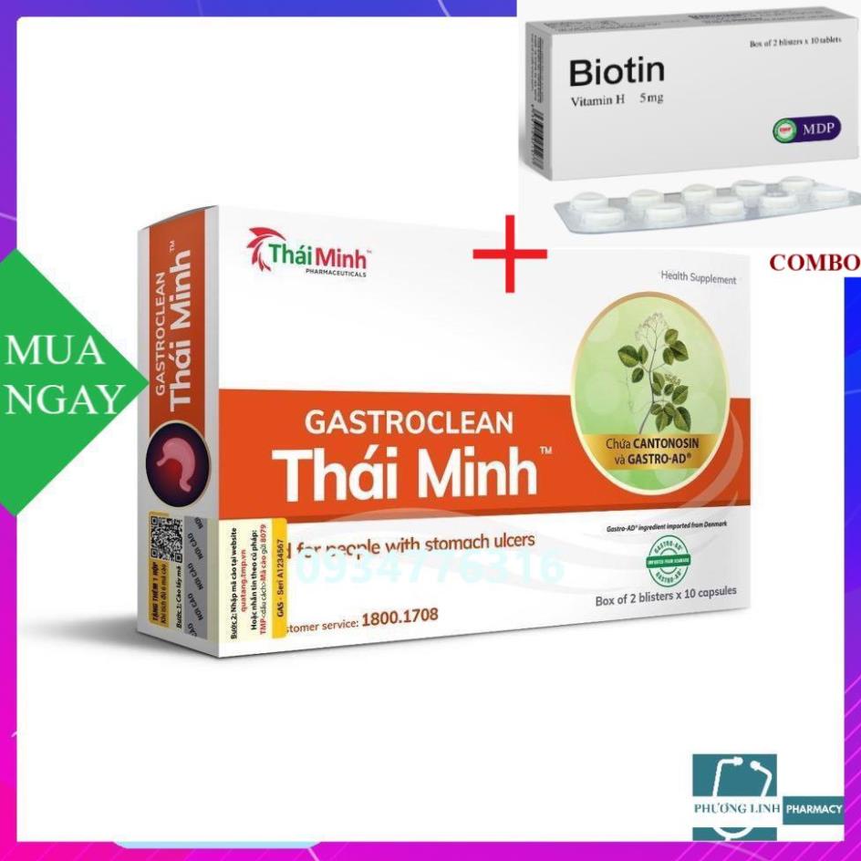 Combo Biotin 5mg+ Viên uống Gastroclean Thái Minh hổ trợ cho người bị viêm loét dạ dày, hộp 20 viên