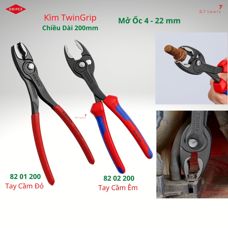 Kìm KNIPEX TwinGrip 82 02 200 / 82 01 200 Mở Ốc Gỉ Sét Ø 4-22mm Tay cầm nhựa êm - G7 Tools Hà Nội