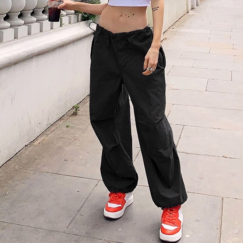 Quần dù túi hộp parachute pant ống rộng lưng cạp thấp trễ eo cho nữ có túi thể thao và dây rút