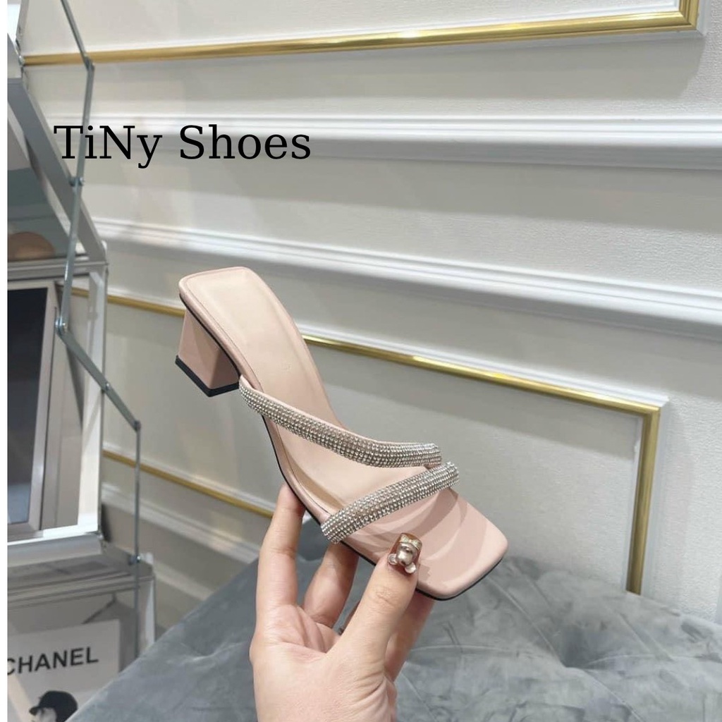 Guốc nữ cao gót mũi vuông quai dây đính xoàn gót vuông 3 phân thời trang có Bigsize G017