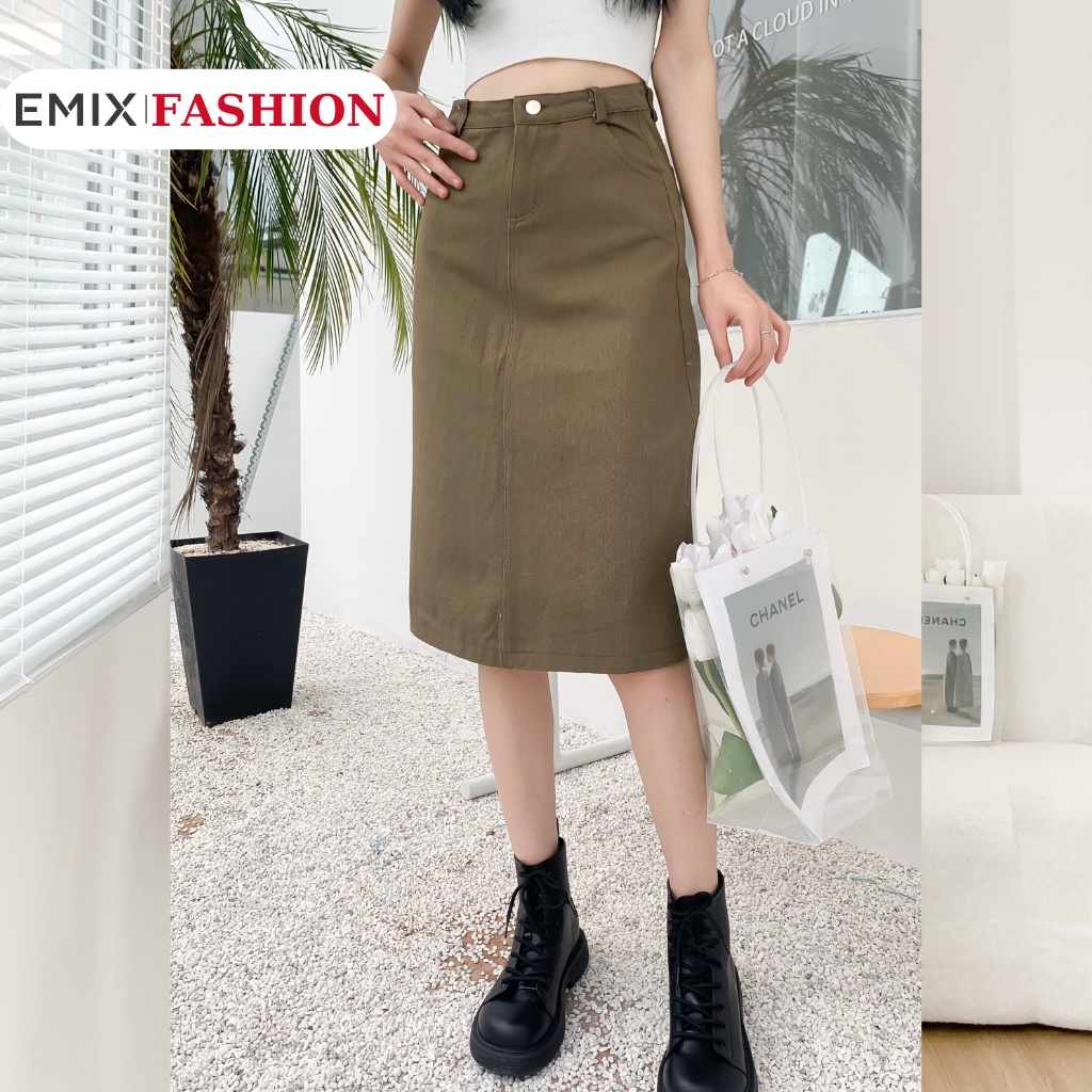 Chân váy jean chữ A xẻ sau EMIX, midi,cạp cao, khóa trước, dáng dài CVjean6701
