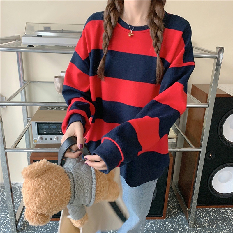 Áo Nỉ Dài Trung Bình Dáng Rộng Họa Tiết Kẻ Sọc Phong Cách Mới Mùa Thu Cho Nữ