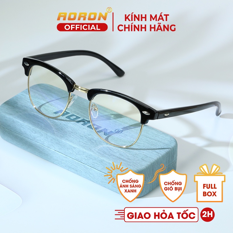 Kính mắt chống cận thị chống bụi ngăn ánh sáng xanh bảo vệ mắt tròng kính không độ khung vuông phù hợp nam và nữ - Aoron
