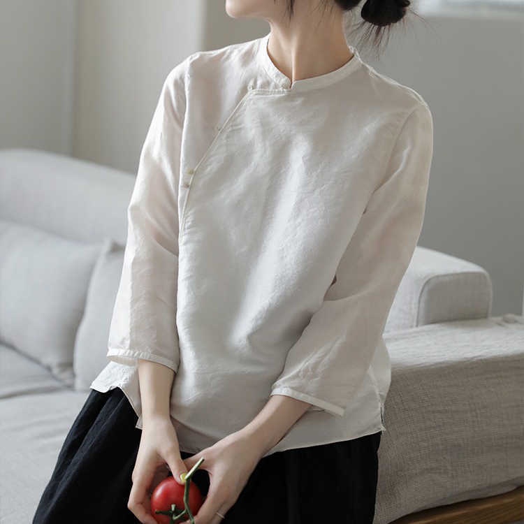 Áo Sơ Mi Vải Lanh Cotton Cổ Đứng Màu Trơn Phong Cách Trung Hoa