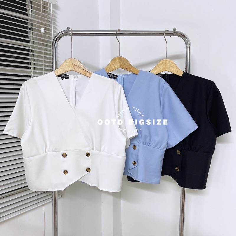 Áo kiểu big size nữ cổ V 4 cúc vạt nhọn (OOTD BIGSIZE 60-90kg)