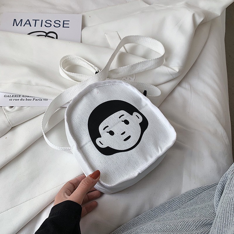 Túi vải tote canvas đeo chéo hình mặt người ngộ nghĩnh đáng yêu phong cách Harajuku Nhật Bản