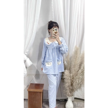 Bộ Bầu kẻ cổ thêu ,có túi tiện lợi ,tay bèo ,cổ sen siêu xinhcó khoá cho con ti tiện lợi freesize 43-68kg