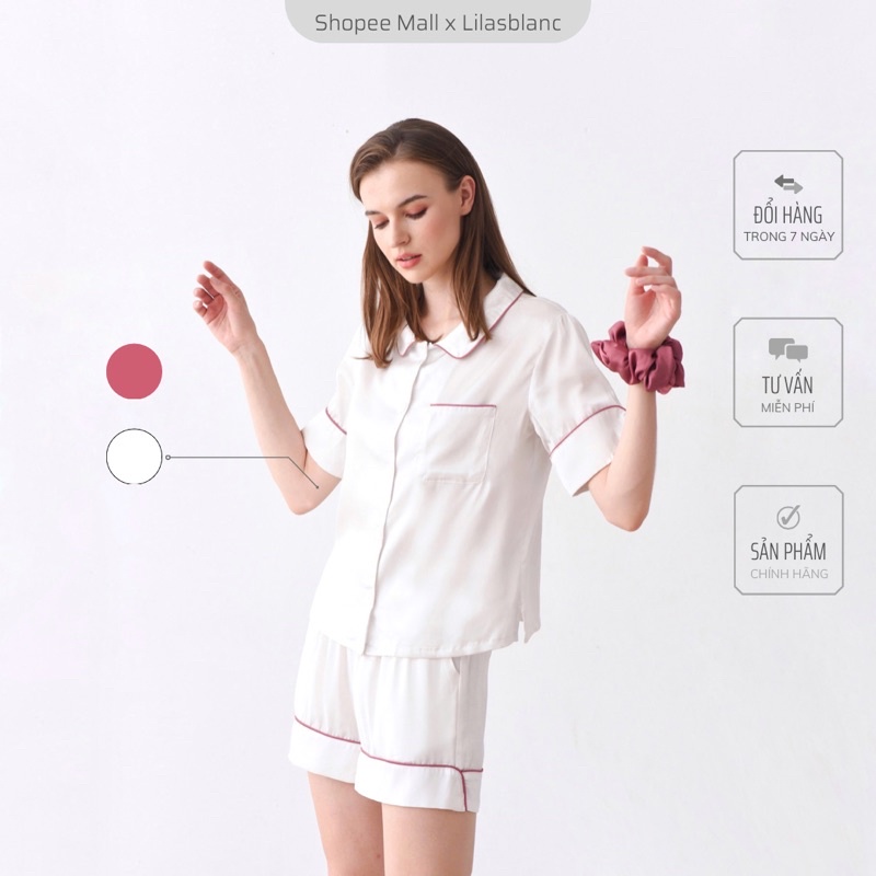 Bộ Đồ Pyjama Lụa Cao Cấp LILAS BLANC - Coconute White Thiết Kế Màu Trắng Phối Viền Hồng Sang Trọng