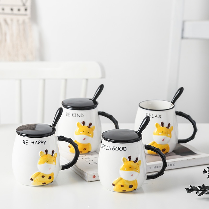 Ly sứ HƯƠU SAO - KHẮC TÊN THEO YÊU CẦU, cốc uống nước CÓ NẮP giữ nhiệt và THÌA, 410ml, HÔP QUÀ TẶNG in logo, in hình