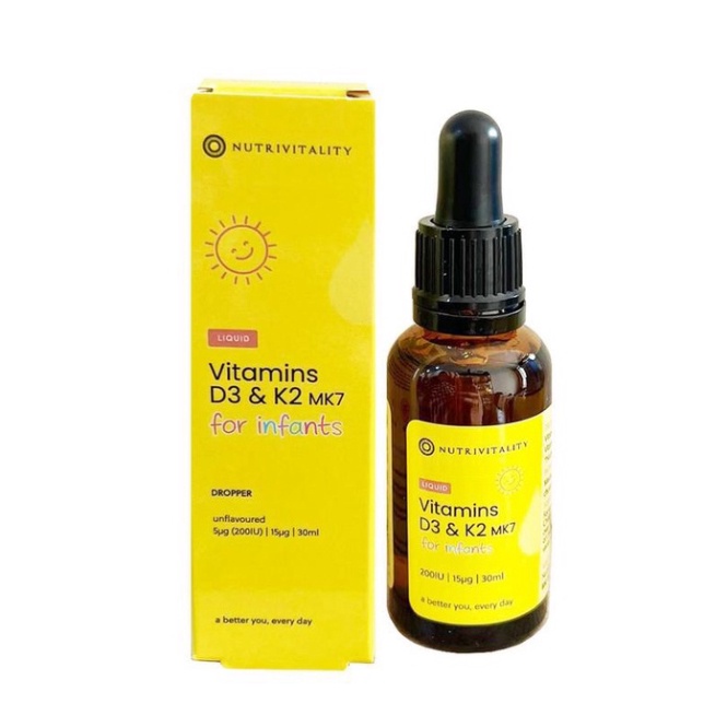 [SALE] [ Hộp màu vàng ] Vitamin D3 &amp; K2 MK7 Anh Nutrivitality UK 30ml giúp phát triển hệ xương,răng và tăng cường hệ miễ