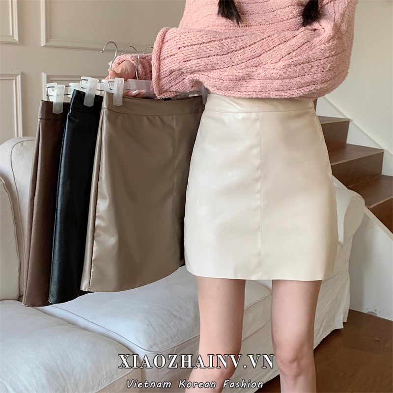 Xiaozhainv Chân Váy Chữ A Da Lưng Cao Màu Trơn Phong Cách Hàn Quốc